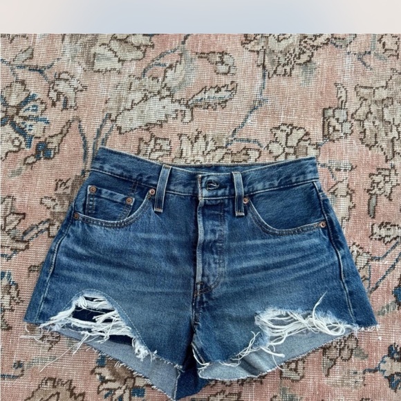 Levi's Dark Blue Distressed Jean Shorts - Picture 1 of 5